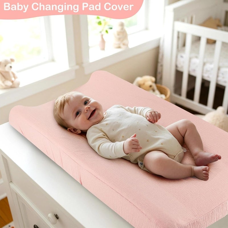 Basumee Muslin Changing Pad Cover Waterproof 2 Pack Baby Changing Table Covers for Boys and Girls Soft Breathable Nursery Diaper Change Table Cover Pad Fits 32"x16", Pink - Image 4